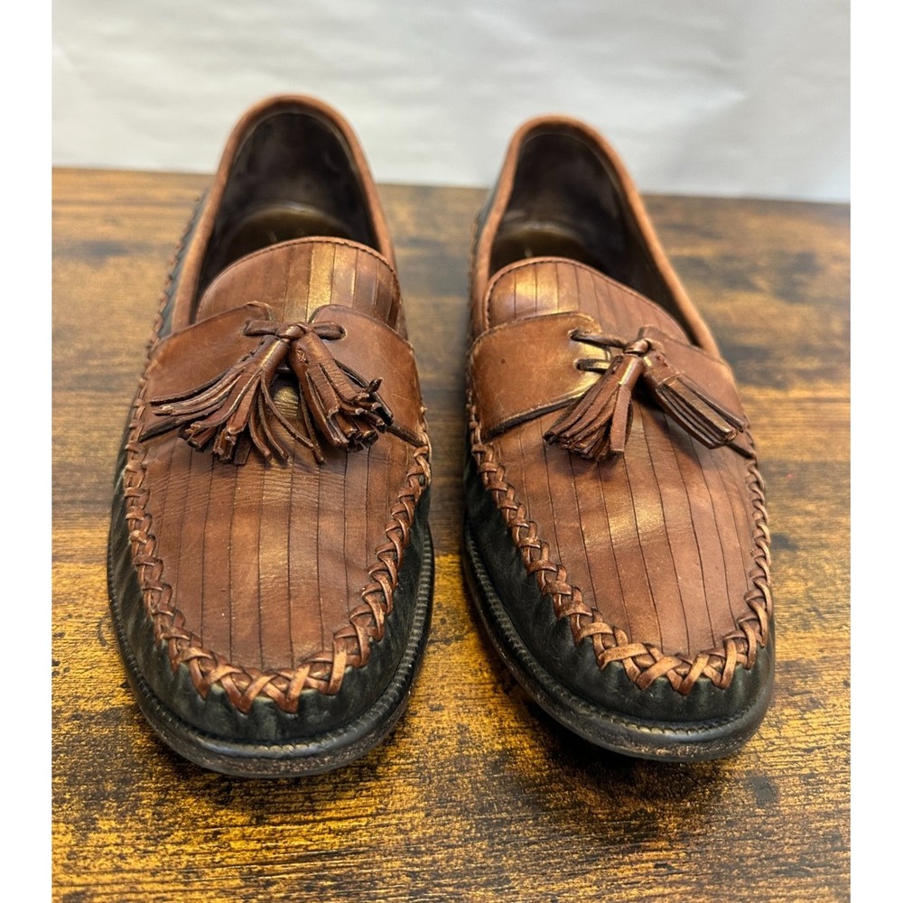Cole Haan Two Tone Leather Tassel Kiltie Loafers Brown Black Woven Size 8 Shoes - Picture 7 of 13